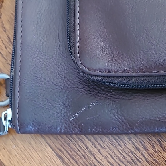 Fossil Dark Brown Leather Crossbody Multi Zipper Pockets Bag - Picture 7 of 15